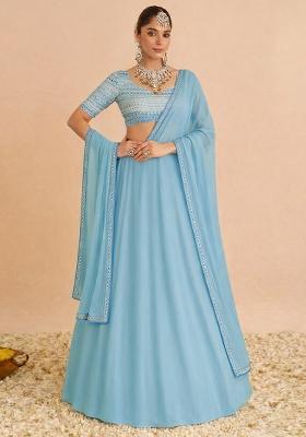 Sky Blue Embroidered Georgette Lehenga Set
