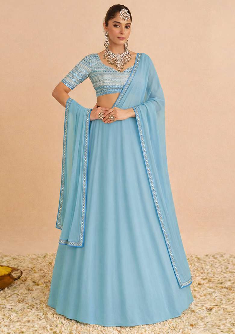 Sky Blue Embroidered Georgette Lehenga Set - Indya