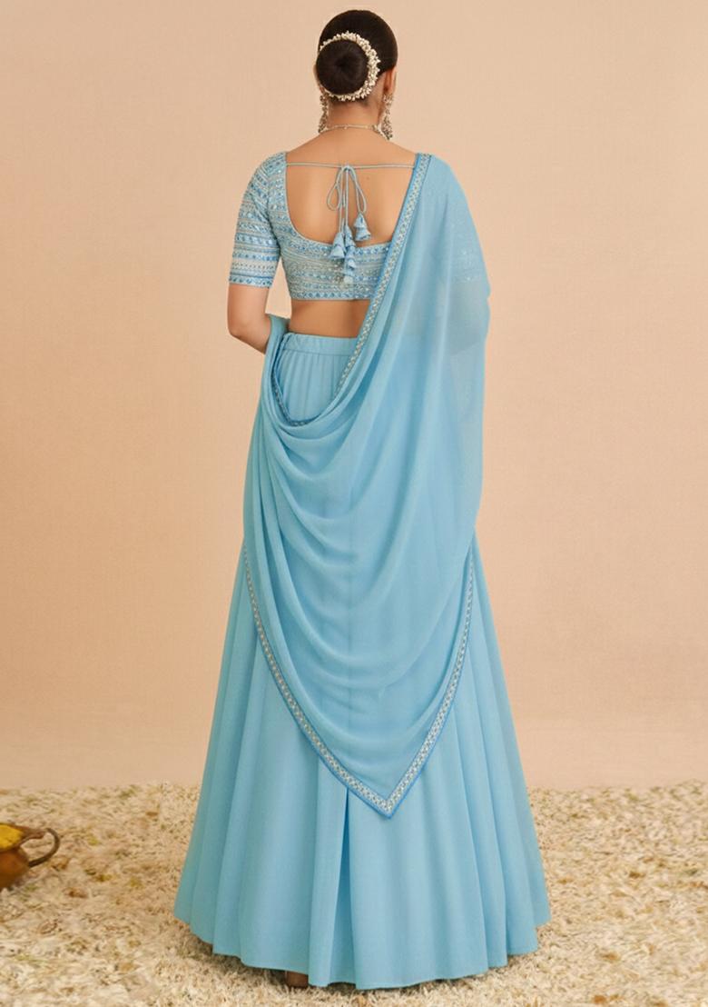 Sky Blue Embroidered Georgette Lehenga Set - Indya
