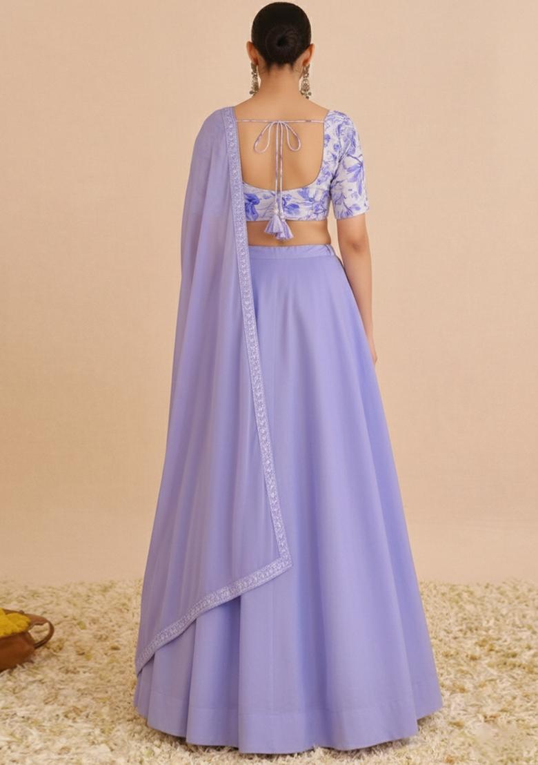 Lavender Floral Print Crepe Lehenga Set - Indya