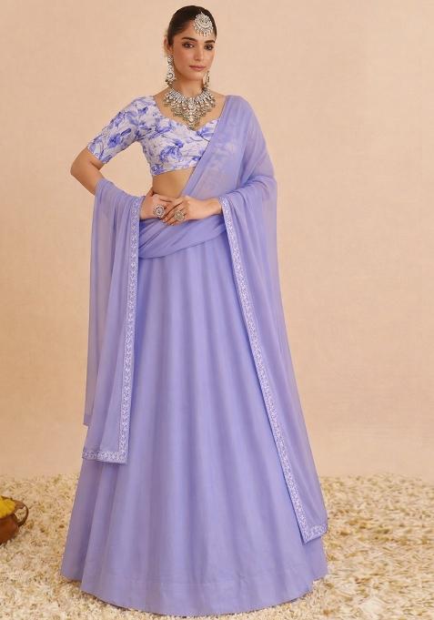 Lavender Floral Print Crepe Lehenga Set
