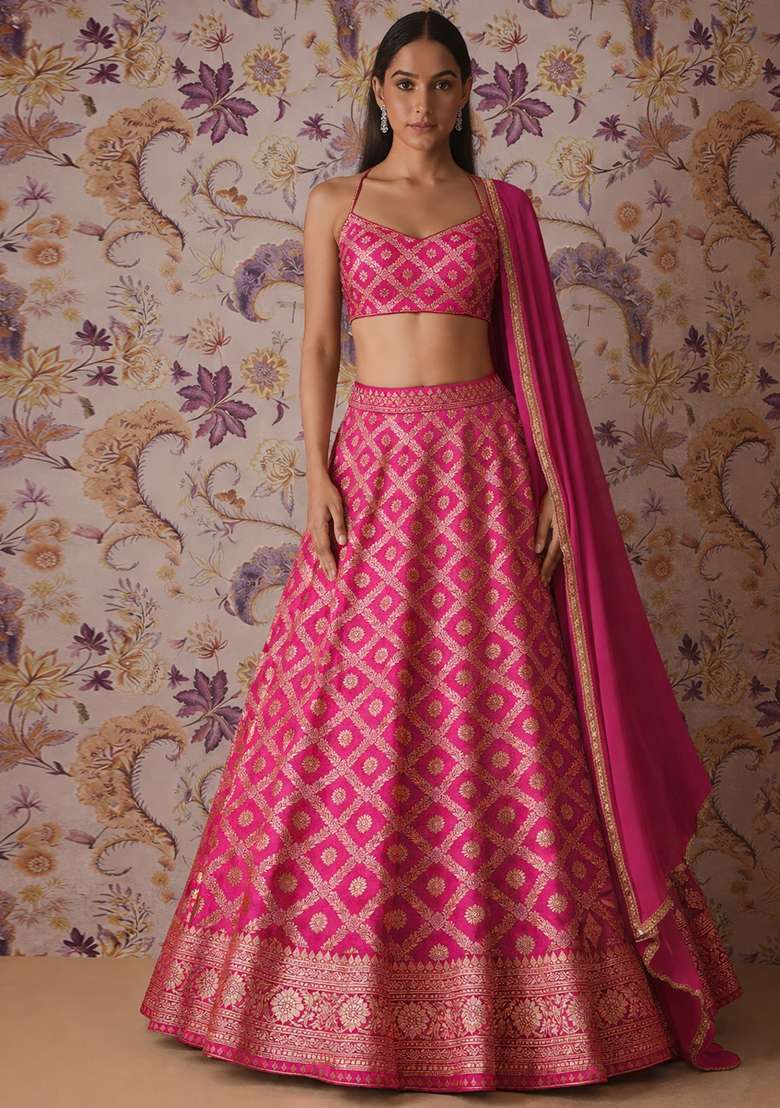 Pink Silk Blend Lehenga Set - Indya