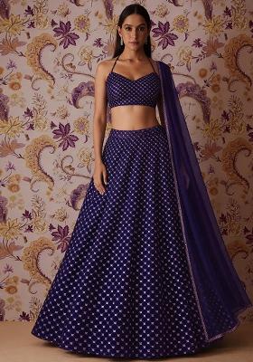 Navy Blue Embroidered Velvet Lehenga Set