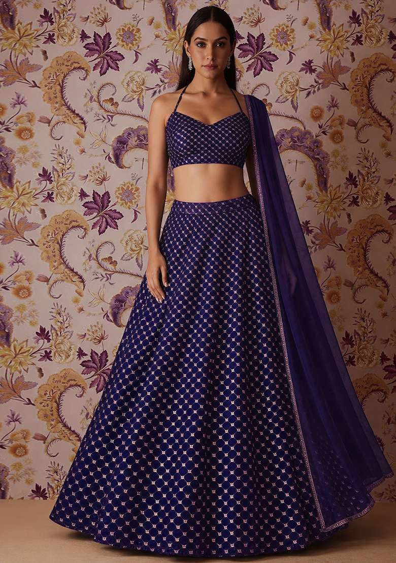 Navy Blue Embroidered Velvet Lehenga Set - Indya
