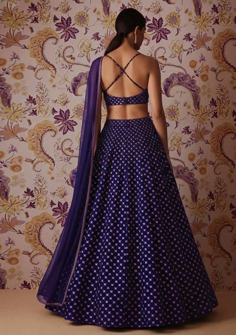 Navy Blue Embroidered Velvet Lehenga Set - Indya