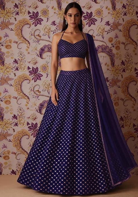 Navy Blue Embroidered Velvet Lehenga Set