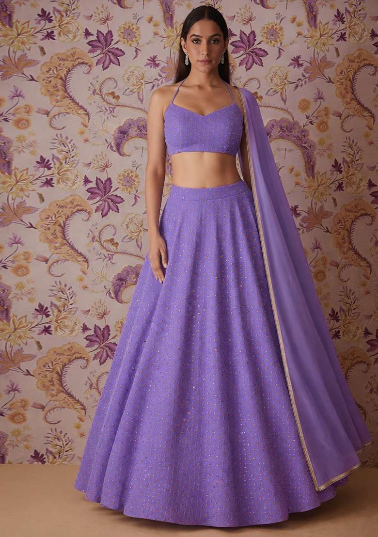 Lavender Embroidered Velvet Lehenga Set - Indya