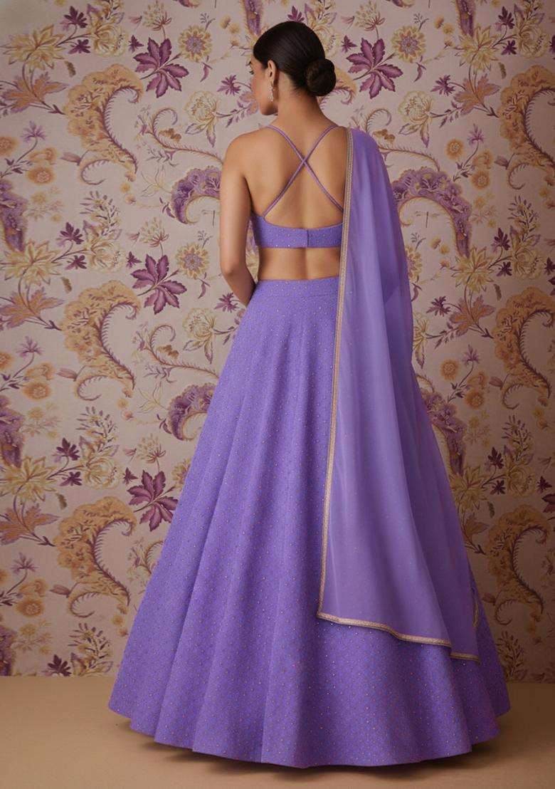 Lavender Embroidered Velvet Lehenga Set - Indya