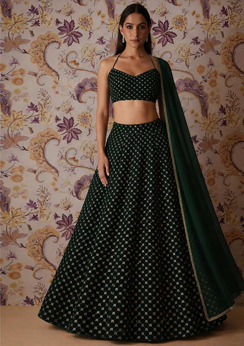 Bottle Green Embroidered Velvet Lehenga Set - Indya