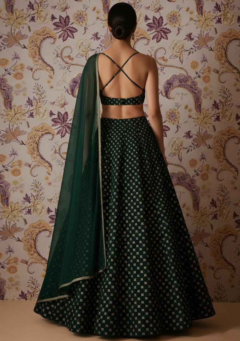 Bottle Green Embroidered Velvet Lehenga Set - Indya