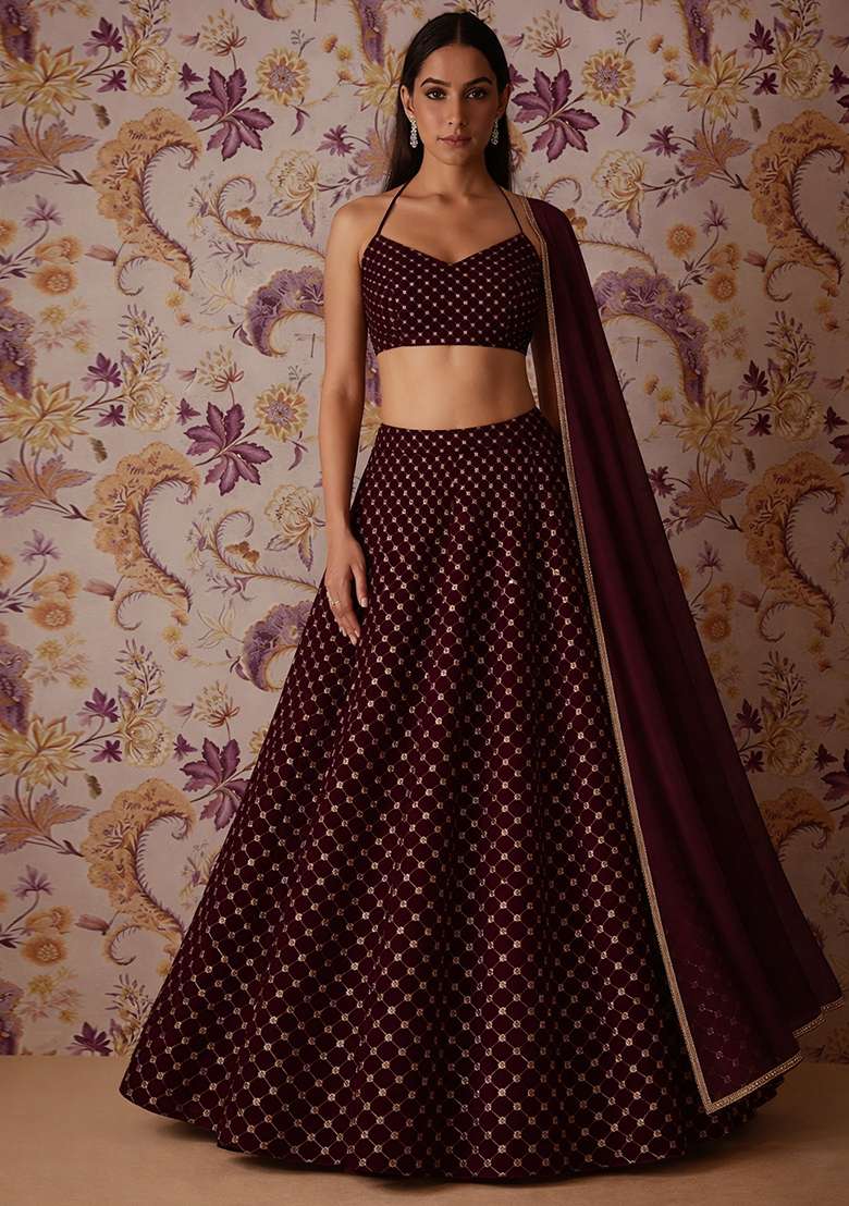 Wine Embroidered Velvet Lehenga Set - Indya