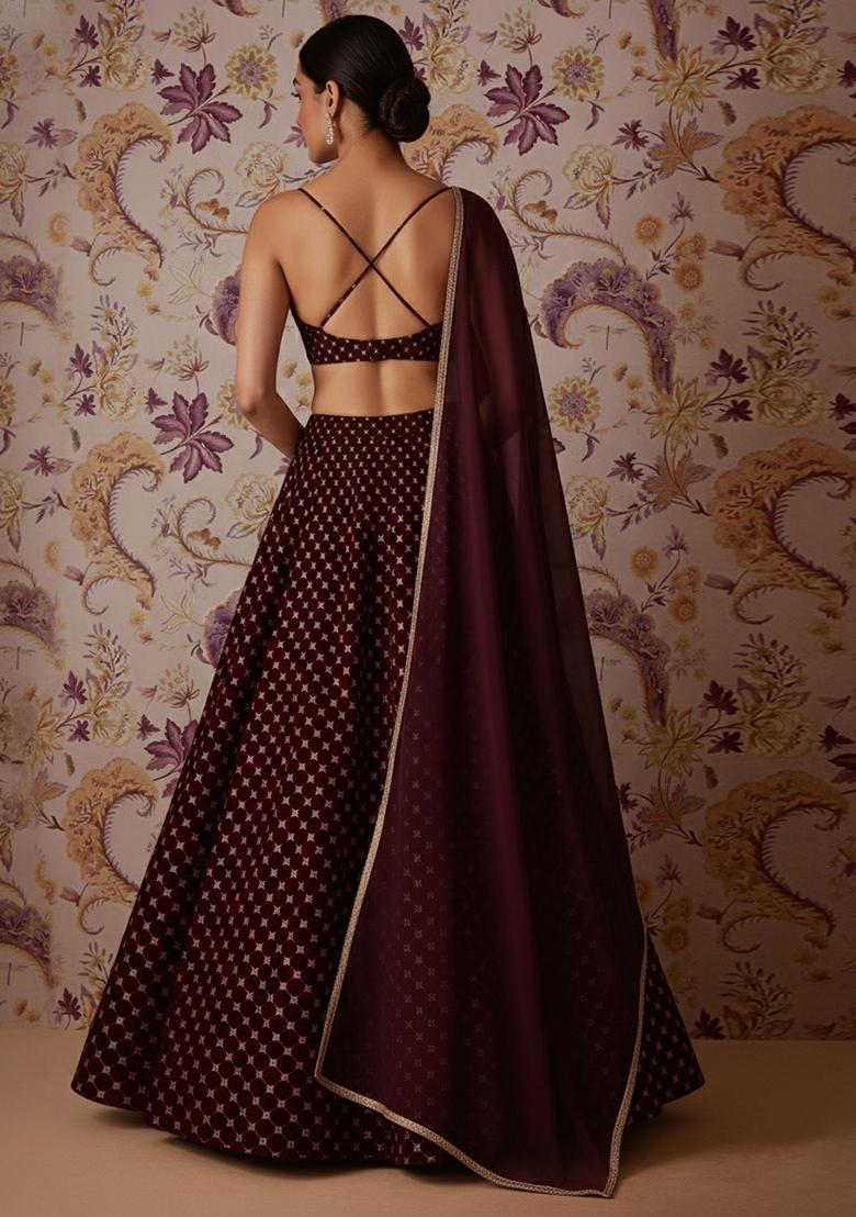 Wine Embroidered Velvet Lehenga Set - Indya