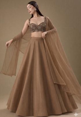 Brown Embroidered Net Lehenga Set