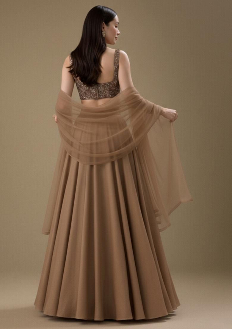Brown Embroidered Net Lehenga Set - Indya