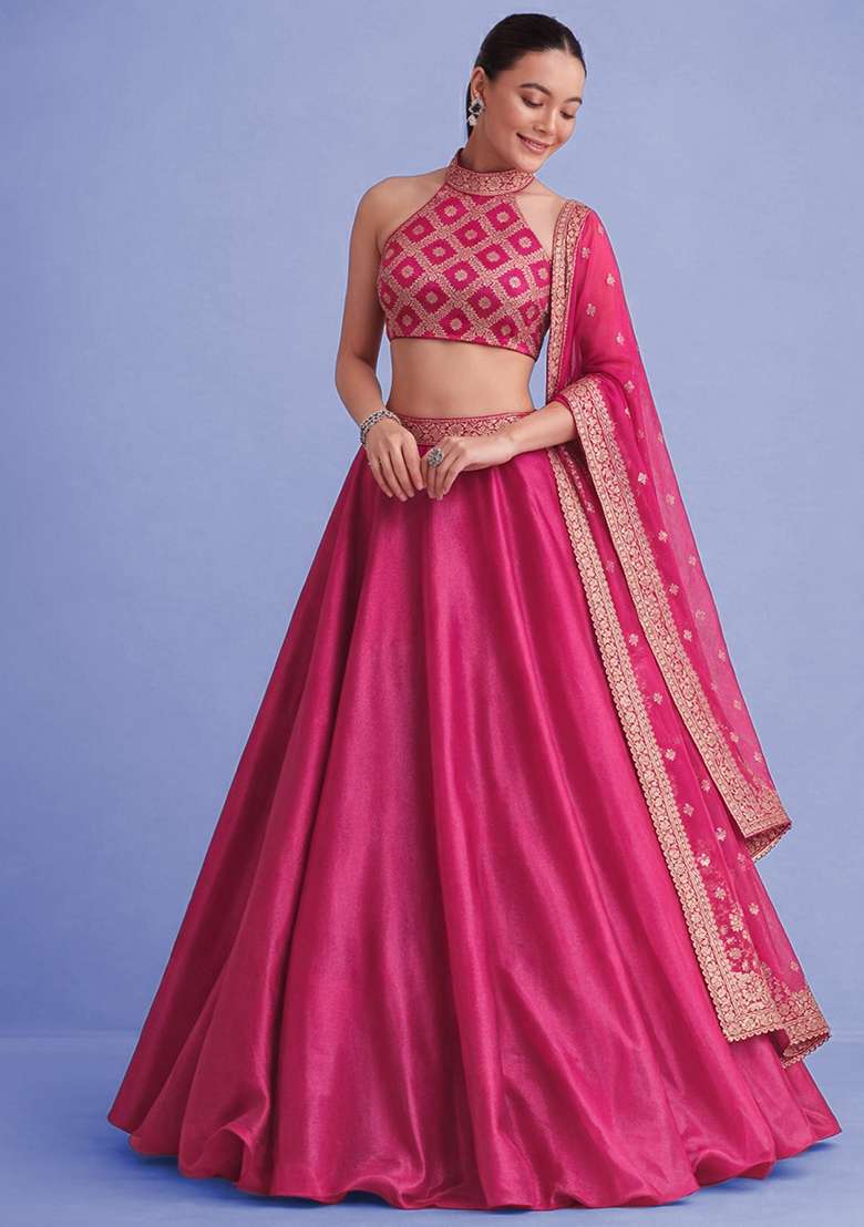 Rani Pink Silk Lehenga Set for Diwali | Wedding & Festive Wear - Indya
