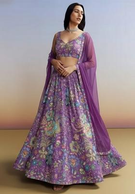 Purple Floral Print Chinon Lehenga Set