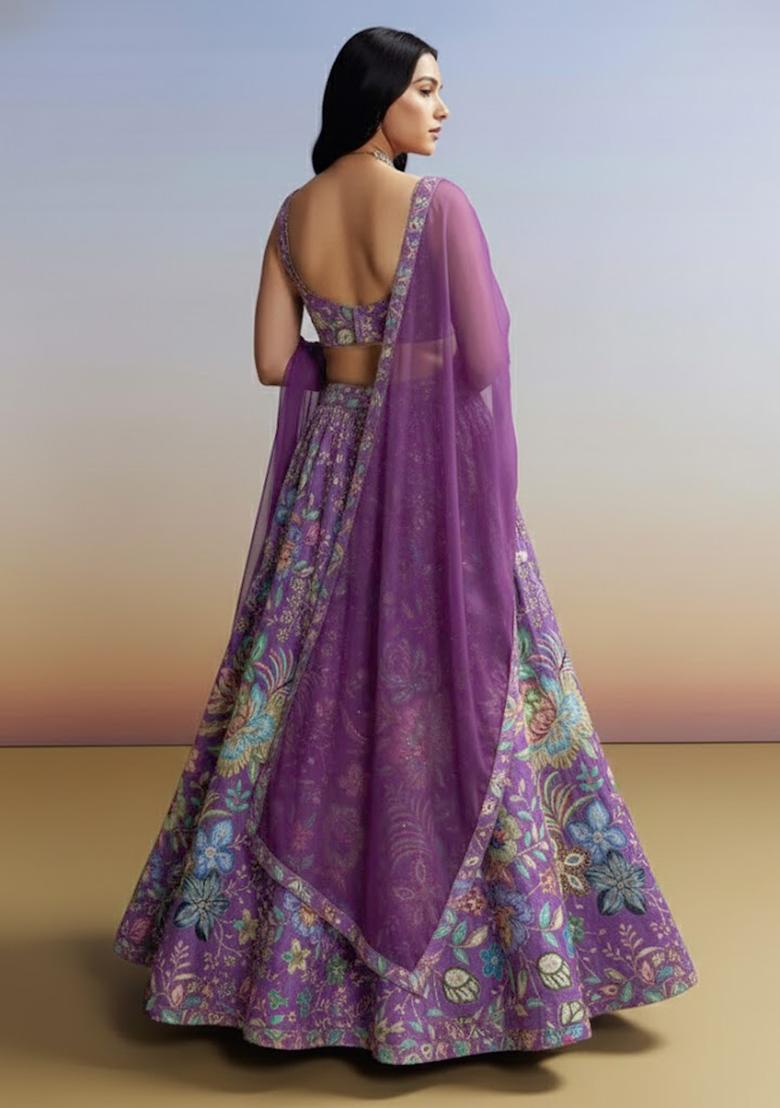 Purple Floral Print Chinon Lehenga Set - Indya