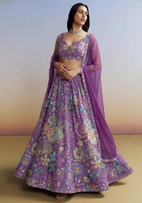 Purple Floral Print Chinon Lehenga Set