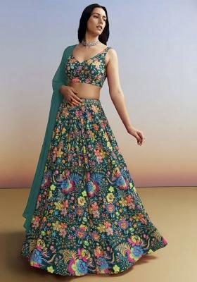 Bottle Green Floral Print Chinon Lehenga Set