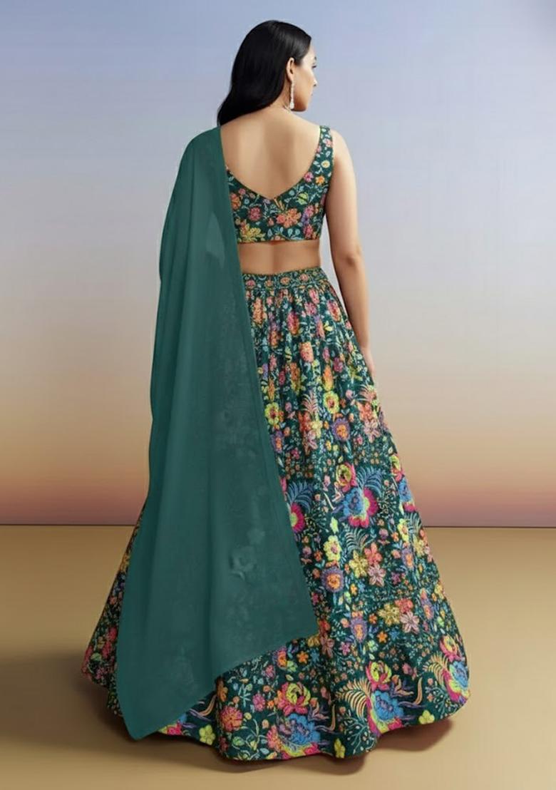 Bottle Green Floral Print Chinon Lehenga Set - Indya