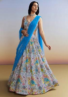 White Floral Print Chinon Lehenga Set