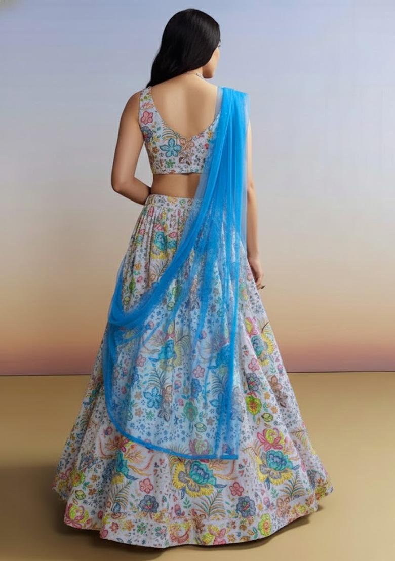 White Floral Print Chinon Lehenga Set - Indya