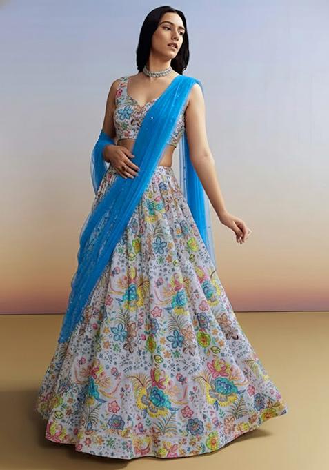 White Floral Print Chinon Lehenga Set