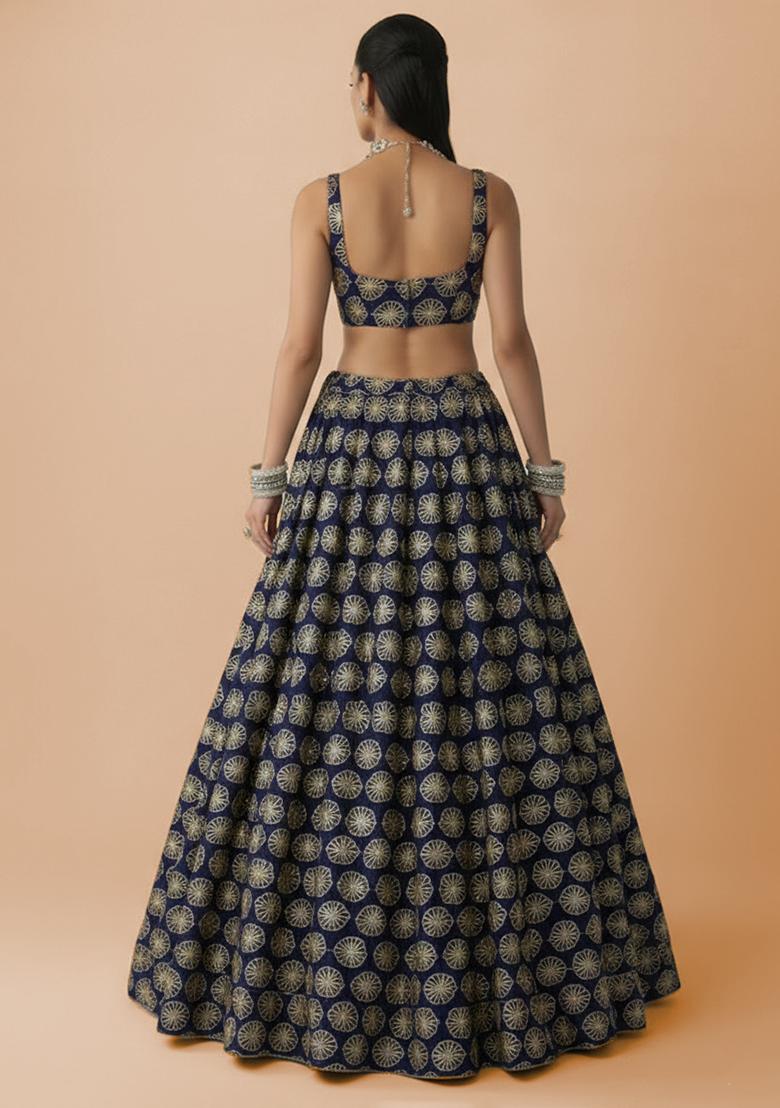 Navy Blue Sequin Silk Lehenga Set - Indya
