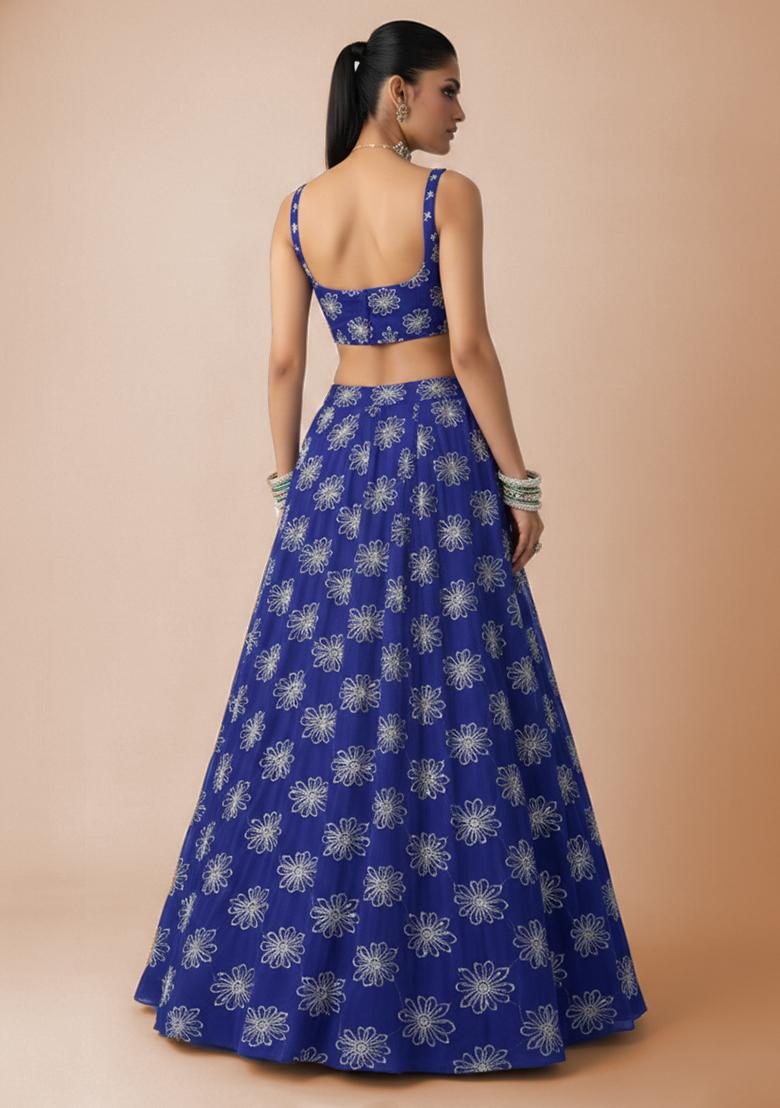 Royal Blue Sequin Silk Lehenga Set - Indya