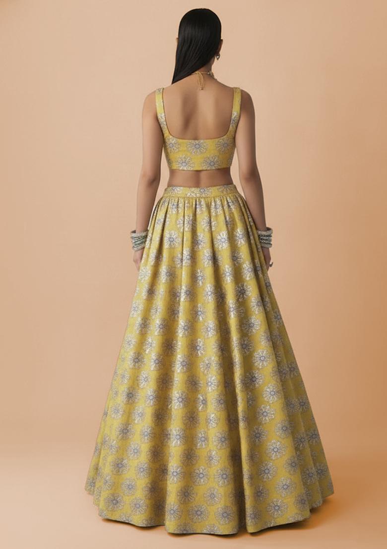 Yellow Sequin Silk Lehenga Set - Indya