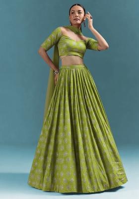 Olive Green Sequin Silk Lehenga Set