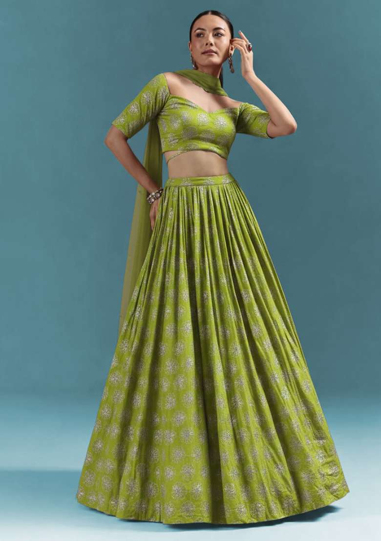 Olive Green Sequin Silk Blend Lehenga Set - Indya