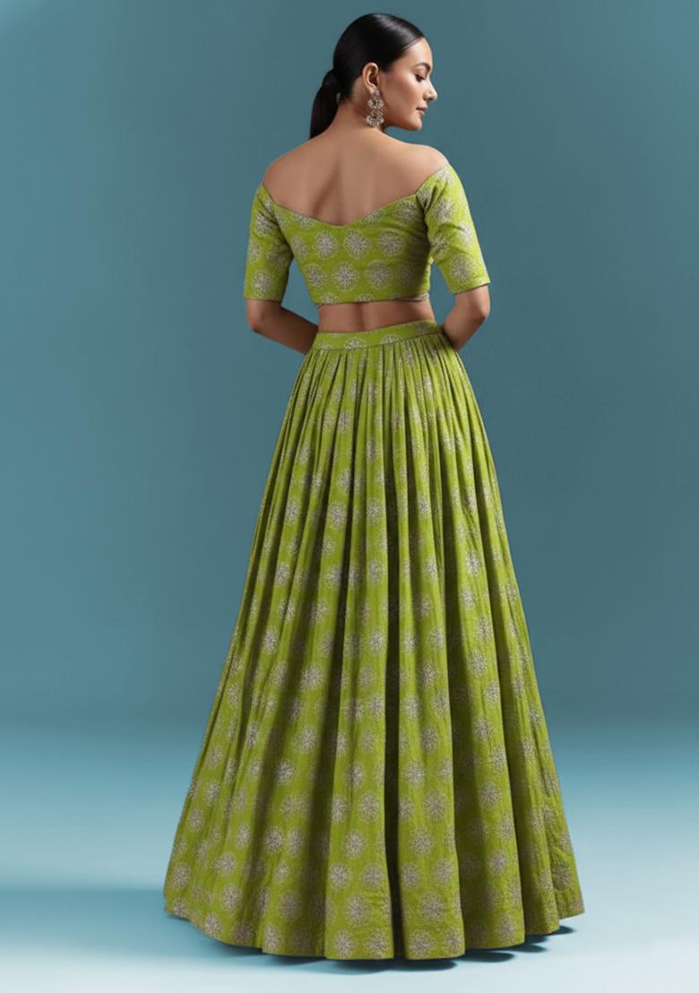 Olive Green Sequin Silk Lehenga Set - Indya