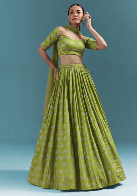Olive Green Sequin Silk Lehenga Set — view on Indya