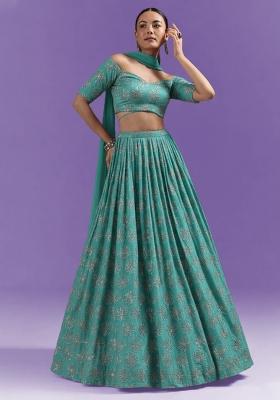 Blue Sequin Silk Lehenga Set