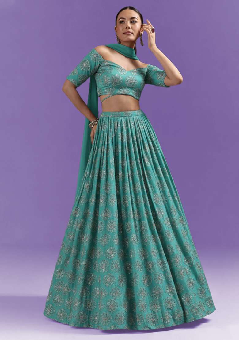 Blue Sequin Silk Blend Lehenga Set - Indya