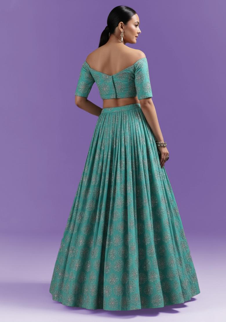 Blue Sequin Silk Lehenga Set - Indya