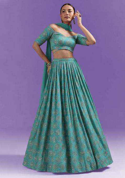 Blue Sequin Silk Blend Lehenga Set
