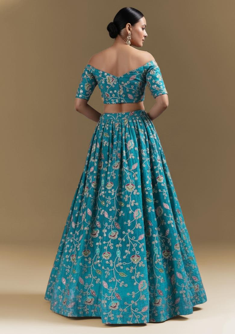Sky Blue Sequin Silk Lehenga Set - Indya