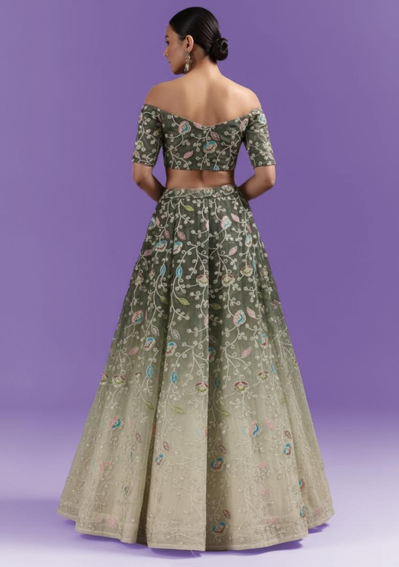 Olive Green Sequin Silk Lehenga Set - Indya