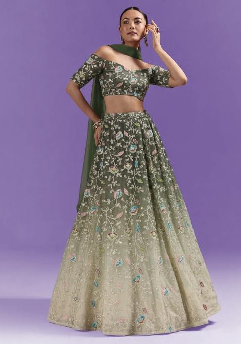 Olive Green Sequin Silk Lehenga Set