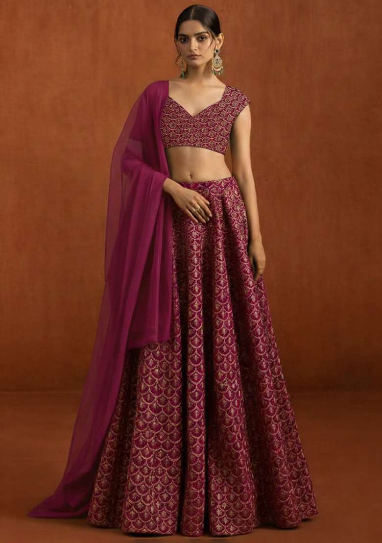 Rani Pink Embroidered Velvet Lehenga Set - Indya