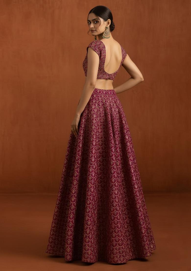 Rani Pink Embroidered Velvet Lehenga Set - Indya