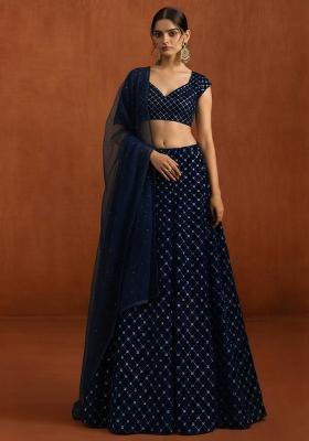 Navy Blue Embroidered Velvet Lehenga Set