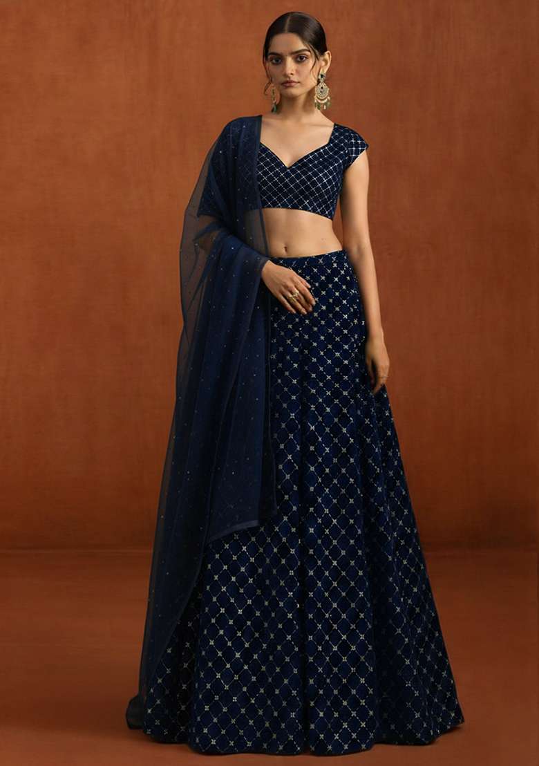 Navy Blue Embroidered Velvet Lehenga Set - Indya
