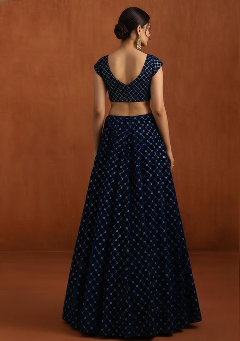 Navy Blue Embroidered Velvet Lehenga Set - Indya