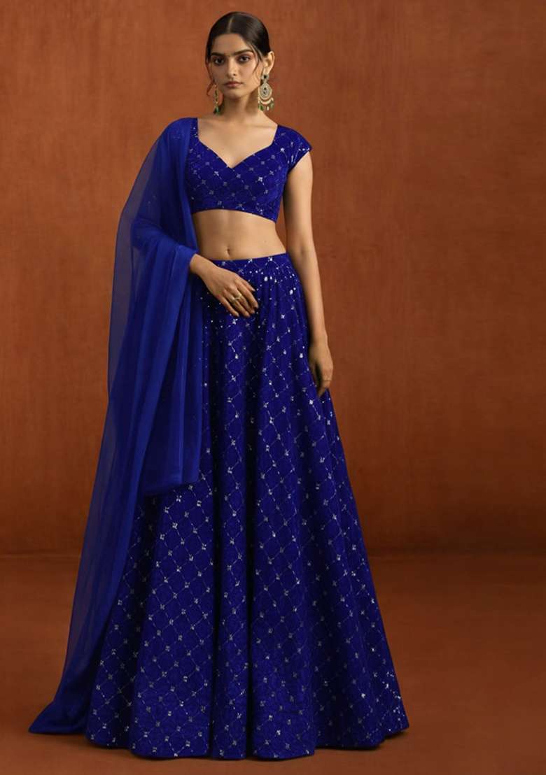 Royal Blue Embroidered Velvet Lehenga Set - Indya