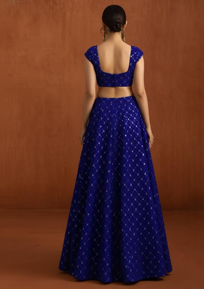 Royal Blue Embroidered Velvet Lehenga Set - Indya