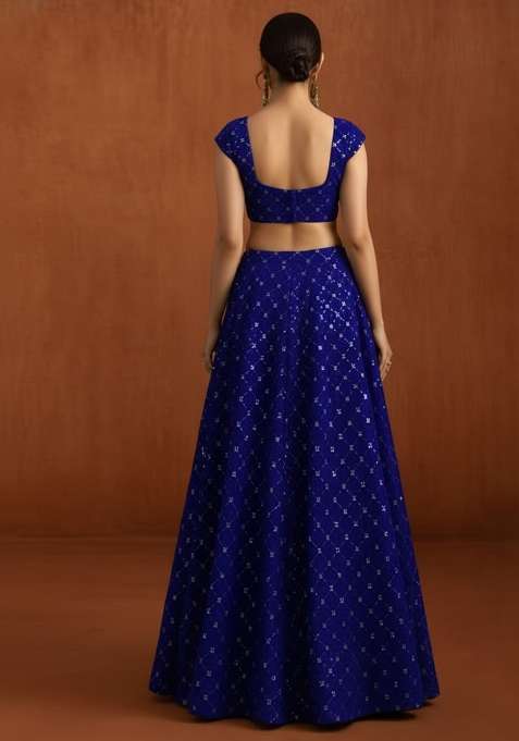 Buy Women Royal Blue Embroidered Velvet Lehenga Set - AIL03310 ...