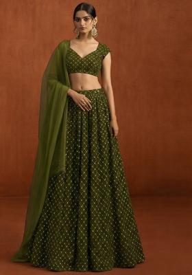 Olive Green Embroidered Velvet Lehenga Set
